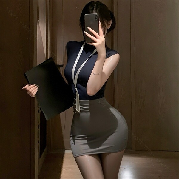 コスプレ セクシーランジェリー コスチューム OL 秘書 教師 制服 コスプレ ノースリーブ ハイネック ネイビー 紺色 ミニスカート タイトスカート 名札 ショーツ 下着 上下セット レディース ランジェリー 部屋着[w1463]