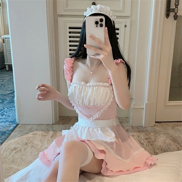 コスプレ ベビードール メイド ウエイトレス 大きいサイズ セクシーランジェリー 超過激 透け スケスケ ミニ丈 ワンピース ミニスカ ピンク キャミソール 薄手 フリル リボン XL セクシー スカート 下着  高級感 色気 エロ下着 エロ カチューシャ