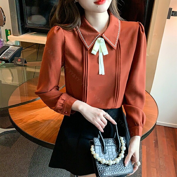 ブラウス 長袖 かわいい レディース トップス  tops リボン付き ボウタイ 刺? こっくりカラー シャツ 無地 コンパクト シンプル インナー デイリー オフィス 春 夏 秋 韓国ファッション カットソー 大人  M L Uネック  Ｖネック[ft41]