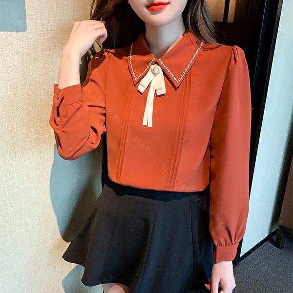 ブラウス 長袖 かわいい レディース トップス  tops リボン付き ボウタイ 刺? こっくりカラー シャツ 無地 コンパクト シンプル インナー デイリー オフィス 春 夏 秋 韓国ファッション カットソー 大人  M L Uネック  Ｖネック[ft41]