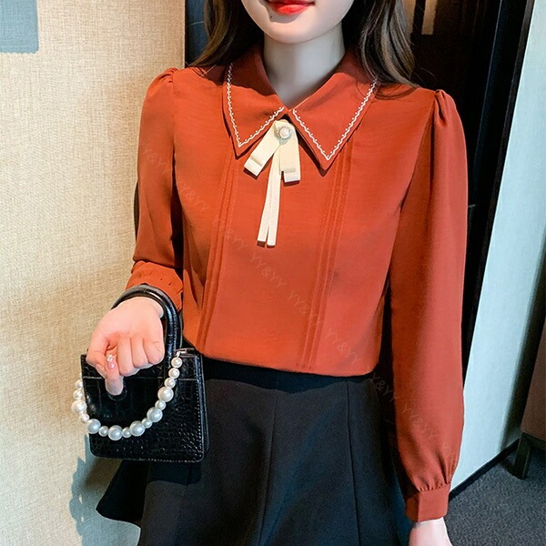 ブラウス 長袖 かわいい レディース トップス  tops リボン付き ボウタイ 刺? こっくりカラー シャツ 無地 コンパクト シンプル インナー デイリー オフィス 春 夏 秋 韓国ファッション カットソー 大人  M L Uネック  Ｖネック[ft41]