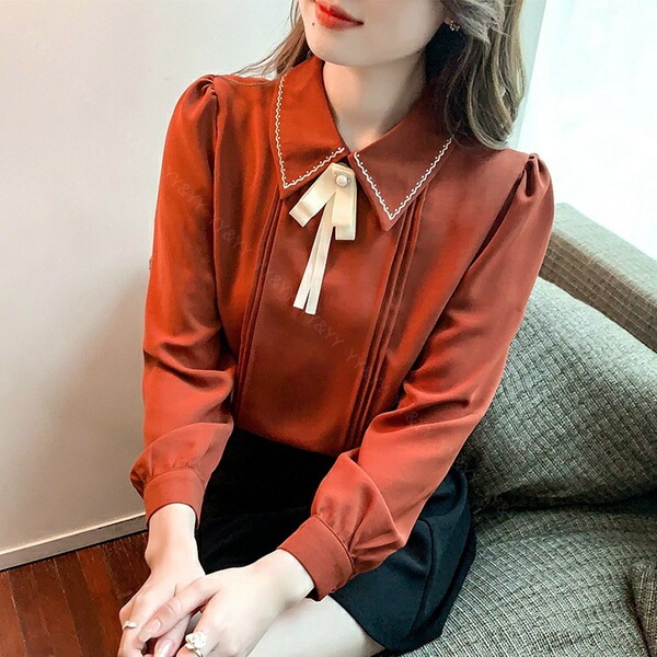 ブラウス 長袖 かわいい レディース トップス  tops リボン付き ボウタイ 刺? こっくりカラー シャツ 無地 コンパクト シンプル インナー デイリー オフィス 春 夏 秋 韓国ファッション カットソー 大人  M L Uネック  Ｖネック[ft41]