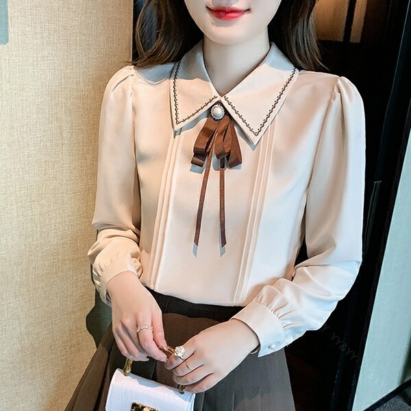 ブラウス 長袖 かわいい レディース トップス  tops リボン付き ボウタイ 刺? こっくりカラー シャツ 無地 コンパクト シンプル インナー デイリー オフィス 春 夏 秋 韓国ファッション カットソー 大人  M L Uネック  Ｖネック[ft41]