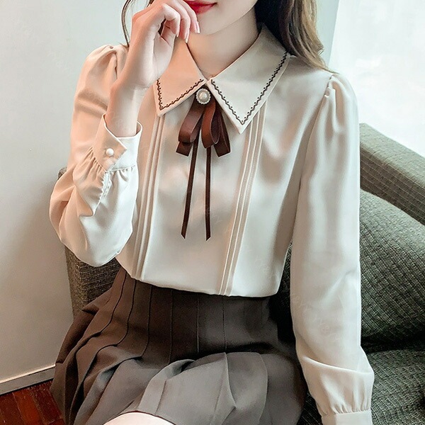 ブラウス 長袖 かわいい レディース トップス  tops リボン付き ボウタイ 刺? こっくりカラー シャツ 無地 コンパクト シンプル インナー デイリー オフィス 春 夏 秋 韓国ファッション カットソー 大人  M L Uネック  Ｖネック[ft41]