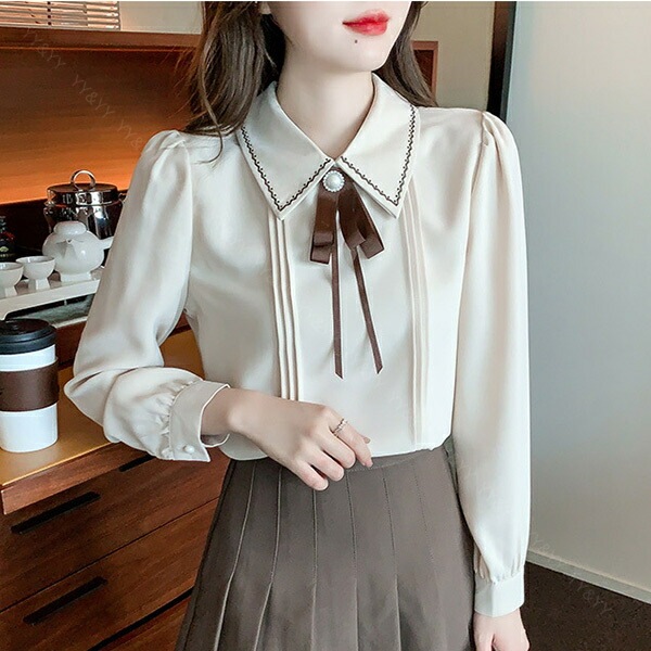 ブラウス 長袖 かわいい レディース トップス  tops リボン付き ボウタイ 刺? こっくりカラー シャツ 無地 コンパクト シンプル インナー デイリー オフィス 春 夏 秋 韓国ファッション カットソー 大人  M L Uネック  Ｖネック[ft41]