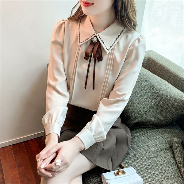 ブラウス 長袖 かわいい レディース トップス  tops リボン付き ボウタイ 刺? こっくりカラー シャツ 無地 コンパクト シンプル インナー デイリー オフィス 春 夏 秋 韓国ファッション カットソー 大人  M L Uネック  Ｖネック[ft41]