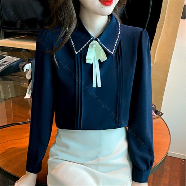 ブラウス 長袖 かわいい レディース トップス  tops リボン付き ボウタイ 刺? こっくりカラー シャツ 無地 コンパクト シンプル インナー デイリー オフィス 春 夏 秋 韓国ファッション カットソー 大人  M L Uネック  Ｖネック[ft41]