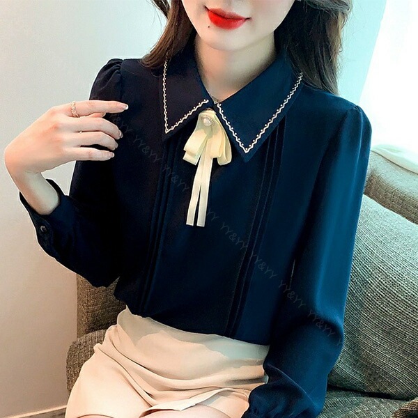 ブラウス 長袖 かわいい レディース トップス  tops リボン付き ボウタイ 刺? こっくりカラー シャツ 無地 コンパクト シンプル インナー デイリー オフィス 春 夏 秋 韓国ファッション カットソー 大人  M L Uネック  Ｖネック[ft41]