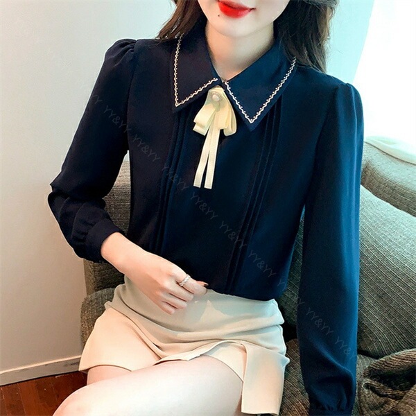 ブラウス 長袖 かわいい レディース トップス  tops リボン付き ボウタイ 刺? こっくりカラー シャツ 無地 コンパクト シンプル インナー デイリー オフィス 春 夏 秋 韓国ファッション カットソー 大人  M L Uネック  Ｖネック[ft41]
