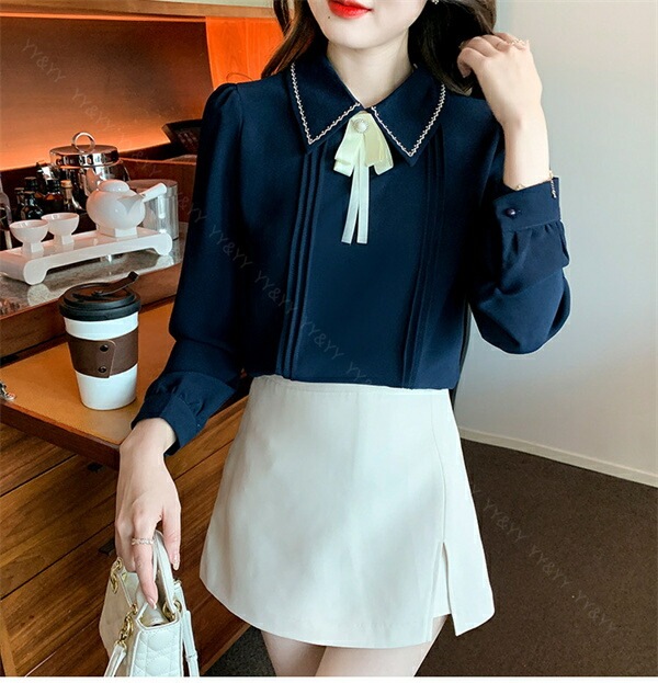 ブラウス 長袖 かわいい レディース トップス  tops リボン付き ボウタイ 刺? こっくりカラー シャツ 無地 コンパクト シンプル インナー デイリー オフィス 春 夏 秋 韓国ファッション カットソー 大人  M L Uネック  Ｖネック[ft41]