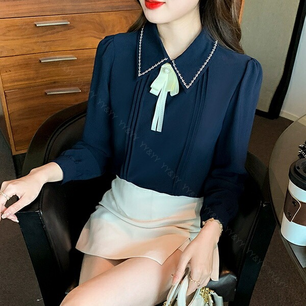 ブラウス 長袖 かわいい レディース トップス  tops リボン付き ボウタイ 刺? こっくりカラー シャツ 無地 コンパクト シンプル インナー デイリー オフィス 春 夏 秋 韓国ファッション カットソー 大人  M L Uネック  Ｖネック[ft41]
