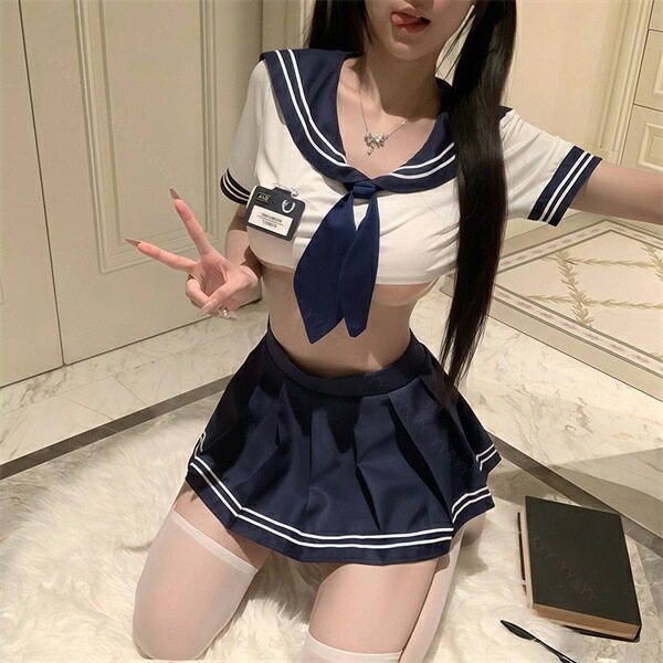 コスプレ セーラー 学生服 制服 セクシーランジェリー ミニスカート プリーツ ミニスカ 半袖 ネイビー セーラー襟 リボン コスチューム ミニ ショート丈 プリーツスカート 伸縮性 マジックテープ 透け スケスケ 過激 セクシー セパレート