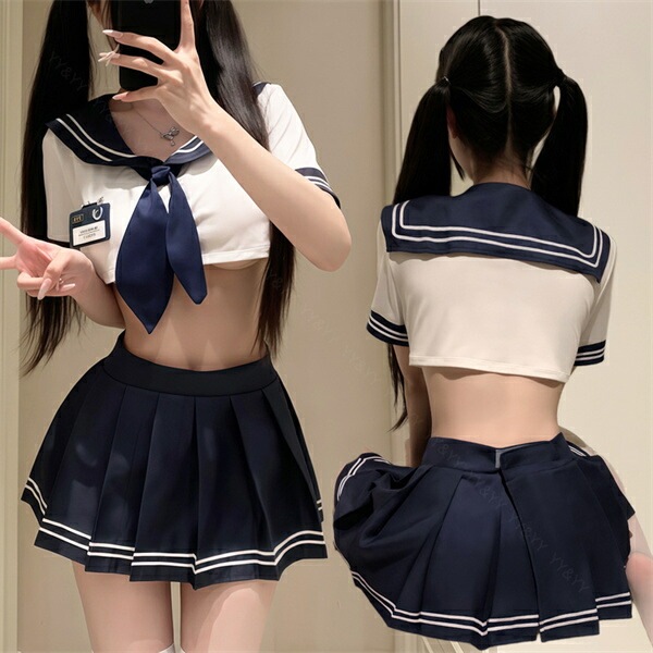 コスプレ セーラー 学生服 制服 セクシーランジェリー ミニスカート プリーツ ミニスカ 半袖 ネイビー セーラー襟 リボン コスチューム ミニ ショート丈 プリーツスカート 伸縮性 マジックテープ 透け スケスケ 過激 セクシー セパレート