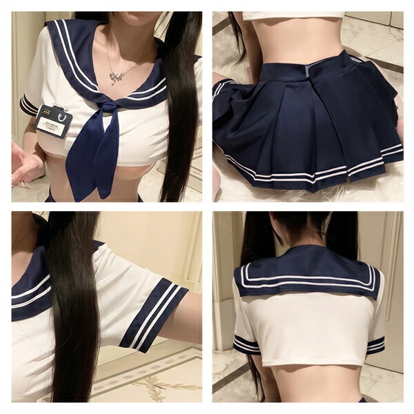 コスプレ セーラー 学生服 制服 セクシーランジェリー ミニスカート プリーツ ミニスカ 半袖 ネイビー セーラー襟 リボン コスチューム ミニ ショート丈 プリーツスカート 伸縮性 マジックテープ 透け スケスケ 過激 セクシー セパレート
