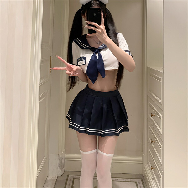 コスプレ セーラー 学生服 制服 セクシーランジェリー ミニスカート プリーツ ミニスカ 半袖 ネイビー セーラー襟 リボン コスチューム ミニ ショート丈 プリーツスカート 伸縮性 マジックテープ 透け スケスケ 過激 セクシー セパレート