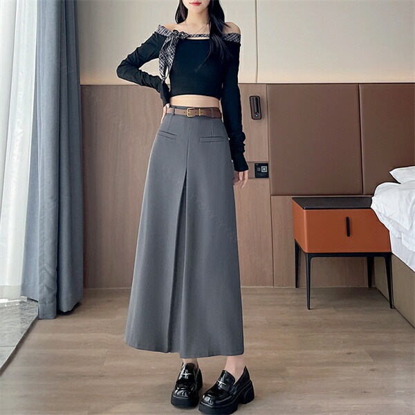 ロングスカート レディース スカート ロングプリーツ 春 夏 秋 ベルト付き 大きいサイズ XL バックファスナー 韓国系 ハイウエスト デート服 大人可愛い シンプル デイリー 大人 ロング丈 楽ちん 黒 脚長 体型カバー 着痩せ ロング カジュアル[fs61]