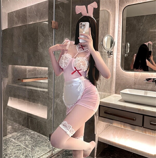 セクシーランジェリー 超過激 メイド 大きいサイズ メイドコスプレ レディース ベビードール 大人 バニー 白 ピンク コスチューム 清楚 コスプレ 可愛い 大人向け XL 3L 4L Tバック ショーツ ピンク エプロン レース ミニ丈 プレゼント