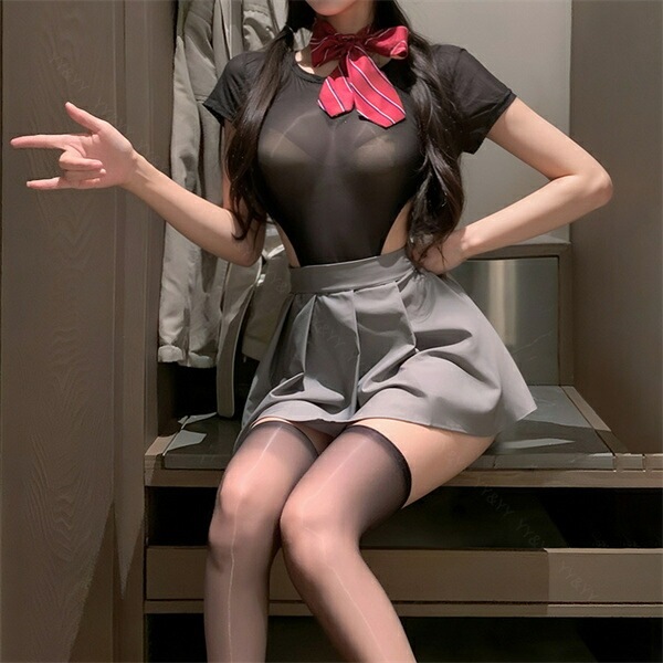 制服 学生服 コスプレ  テディ セクシーランジェリー 上下一体型 半袖 シャツ Uネック ハイレグ ネクタイ 黒 リボン セクシー スカート ミニスカ 谷間 透け スケスケ ミニ丈 コスチューム 超過激 ルームウェア 下着 部屋着 可愛い 伸縮性 高級感