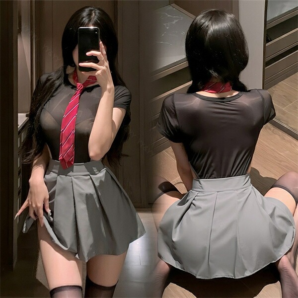 制服 学生服 コスプレ  テディ セクシーランジェリー 上下一体型 半袖 シャツ Uネック ハイレグ ネクタイ 黒 リボン セクシー スカート ミニスカ 谷間 透け スケスケ ミニ丈 コスチューム 超過激 ルームウェア 下着 部屋着 可愛い 伸縮性 高級感
