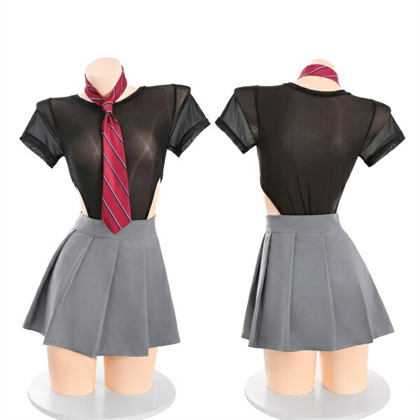 制服 学生服 コスプレ  テディ セクシーランジェリー 上下一体型 半袖 シャツ Uネック ハイレグ ネクタイ 黒 リボン セクシー スカート ミニスカ 谷間 透け スケスケ ミニ丈 コスチューム 超過激 ルームウェア 下着 部屋着 可愛い 伸縮性 高級感