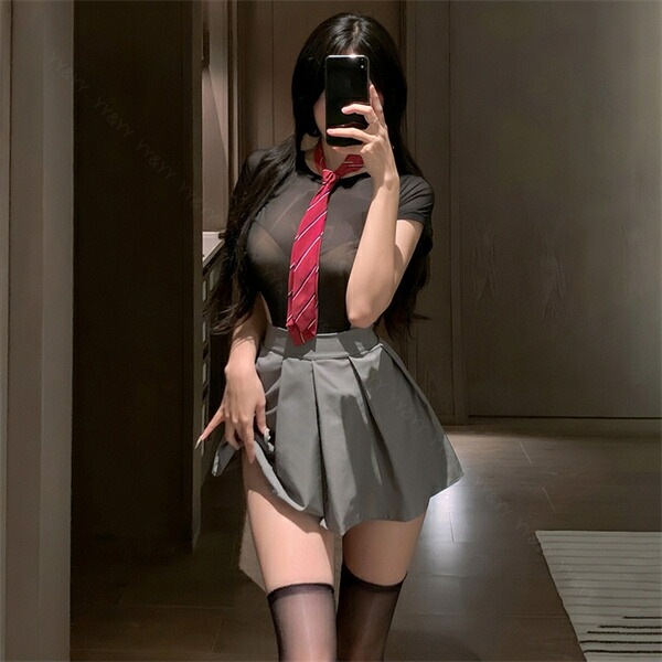 制服 学生服 コスプレ  テディ セクシーランジェリー 上下一体型 半袖 シャツ Uネック ハイレグ ネクタイ 黒 リボン セクシー スカート ミニスカ 谷間 透け スケスケ ミニ丈 コスチューム 超過激 ルームウェア 下着 部屋着 可愛い 伸縮性 高級感