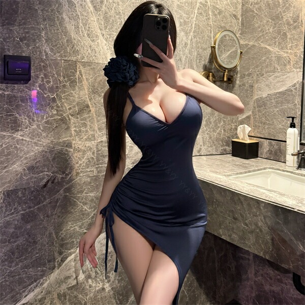 セクシーランジェリー ワンピース ネイビー シャーリング 絞り　ボディコン ミニスカート ミニスカ 紺色 伸縮性 下着レディース ランジェリー 部屋着 ショーツ 細見え Vネック アシンメトリー アシメ 寝巻 ルームウェア ナイトドレス[w1462]