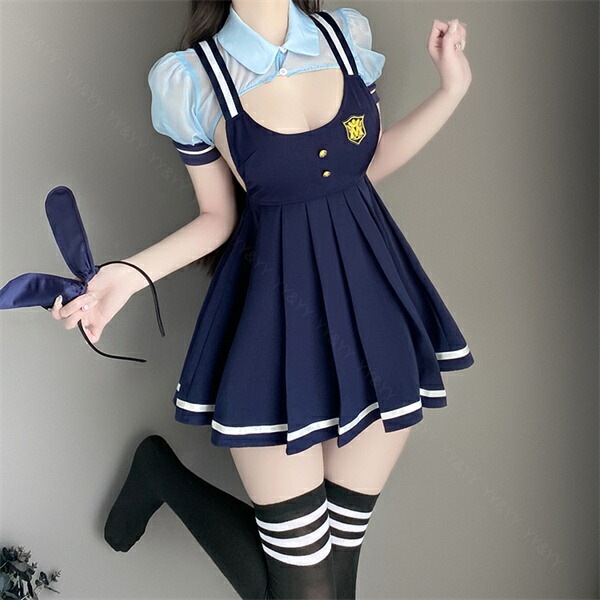コスプレ セクシーランジェリー コスチューム バニーガール 制服 コスプレ パフスリーブ 襟ネック ネイビー 紺色 ミニスカート Aラインスカート プリーツ ショーツ 下着 上下セット レディース ランジェリー 部屋着 うさ耳[w1467]