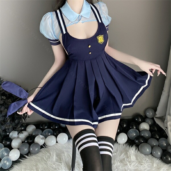 コスプレ セクシーランジェリー コスチューム バニーガール 制服 コスプレ パフスリーブ 襟ネック ネイビー 紺色 ミニスカート Aラインスカート プリーツ ショーツ 下着 上下セット レディース ランジェリー 部屋着 うさ耳[w1467]