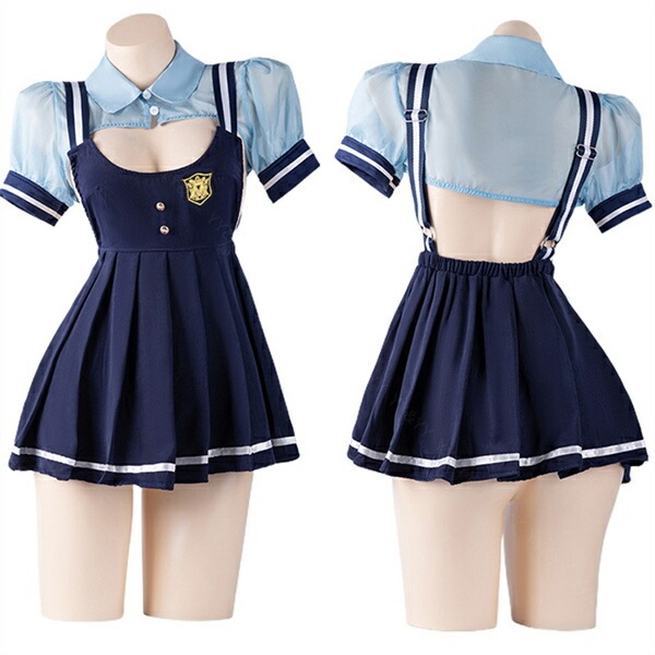 コスプレ セクシーランジェリー コスチューム バニーガール 制服 コスプレ パフスリーブ 襟ネック ネイビー 紺色 ミニスカート Aラインスカート プリーツ ショーツ 下着 上下セット レディース ランジェリー 部屋着 うさ耳[w1467]