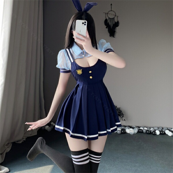 コスプレ セクシーランジェリー コスチューム バニーガール 制服 コスプレ パフスリーブ 襟ネック ネイビー 紺色 ミニスカート Aラインスカート プリーツ ショーツ 下着 上下セット レディース ランジェリー 部屋着 うさ耳[w1467]