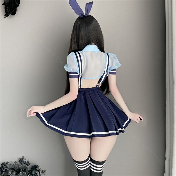 コスプレ セクシーランジェリー コスチューム バニーガール 制服 コスプレ パフスリーブ 襟ネック ネイビー 紺色 ミニスカート Aラインスカート プリーツ ショーツ 下着 上下セット レディース ランジェリー 部屋着 うさ耳[w1467]