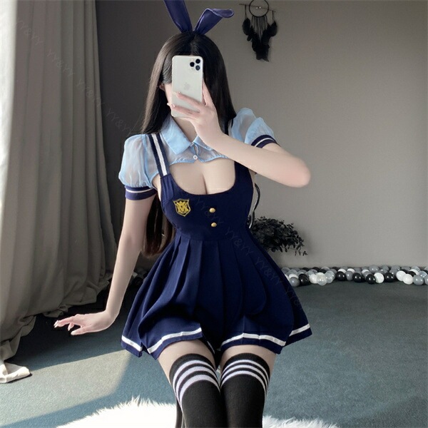 コスプレ セクシーランジェリー コスチューム バニーガール 制服 コスプレ パフスリーブ 襟ネック ネイビー 紺色 ミニスカート Aラインスカート プリーツ ショーツ 下着 上下セット レディース ランジェリー 部屋着 うさ耳[w1467]