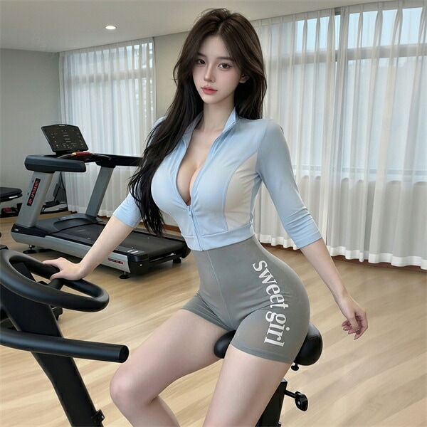 コスプレ ジム トレーニングウェア スポーツ 運動着 ヨガウェア トレーナー 短パン ファスナー セクシーランジェリー 上下セット 超過激 オープン 股割れ 穴あき 2way 肩紐 襟付き 七分袖 エロ エロ下着 透け コスチューム ショートパンツ w1621