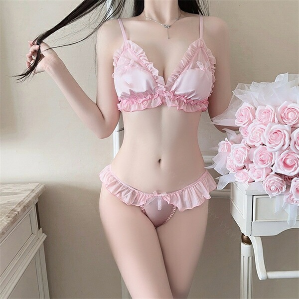 セクシーランジェリー 超過激 ブラセット 上下セット 可愛い ピンク ショーツ ランジェリー レディース セクシー ランジェリー 下着 上下セット フリル レース ブラセット Tバック 谷間 リボン シアー 大きいサイズ XL[w1423]