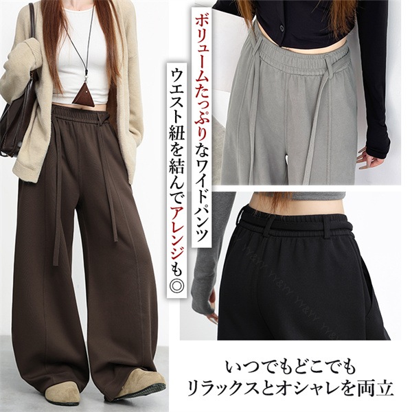 レディース ワイドパンツ 裏起毛 防寒 暖かい ゆったり ロング丈 スウェット ウエストゴム 大きいサイズ XL ポケット付き パンツ ズボン ボトムス  ボトム カジュアル シンプル デイリー 秋 冬 大人 こなれ感 ハイウエスト 体型カバー ゴム紐[fz28]