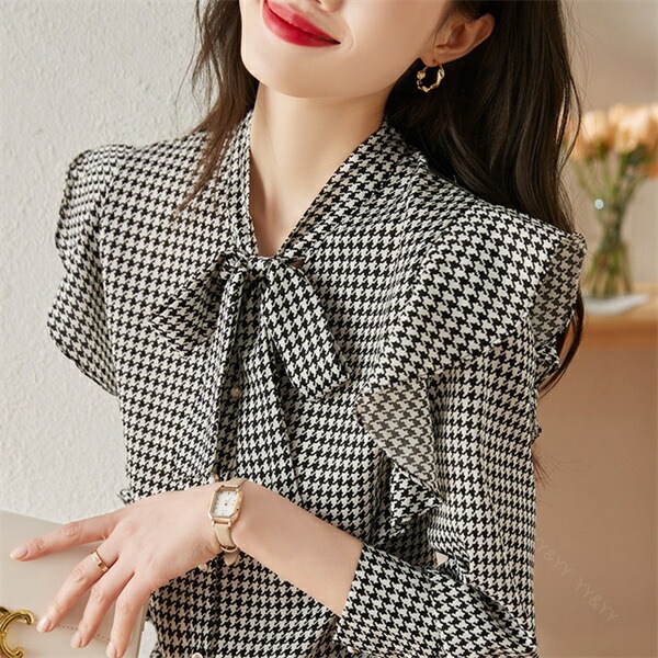 ブラウス 長袖 千鳥柄 レディース トップス  tops ボウタイ フリル リボン 無地 コンパクト シンプル インナー デイリー オフィス 春 夏 秋 韓国ファッション カットソー 大人  M L Uネック  Ｖネック ベーシック ノースリーブ ボーダー[ft8]