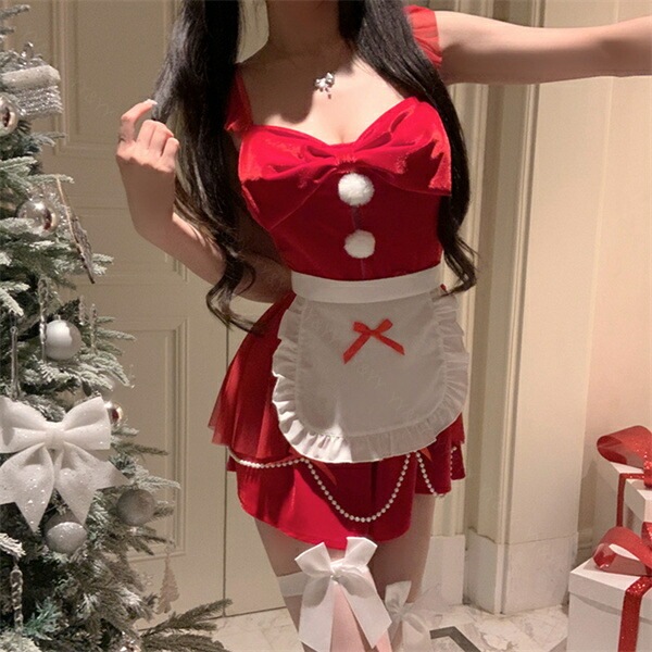 ハロウィン クリスマス コスチューム セクシーランジェリー 可愛い ベビードール セクシー コスチューム サンタ  コスプレ セクシーランジェリー  セクシー コスプレ 可愛い レース メイド チョーカー ミニ丈 フレア 赤 パール[w1454]