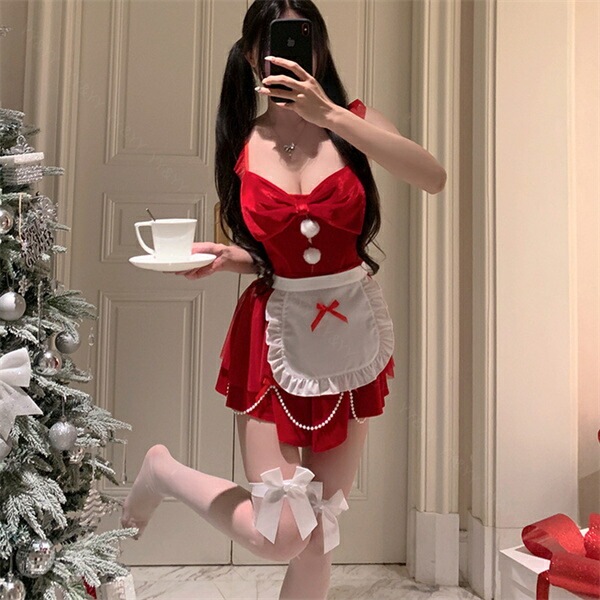 ハロウィン クリスマス コスチューム セクシーランジェリー 可愛い ベビードール セクシー コスチューム サンタ  コスプレ セクシーランジェリー  セクシー コスプレ 可愛い レース メイド チョーカー ミニ丈 フレア 赤 パール[w1454]