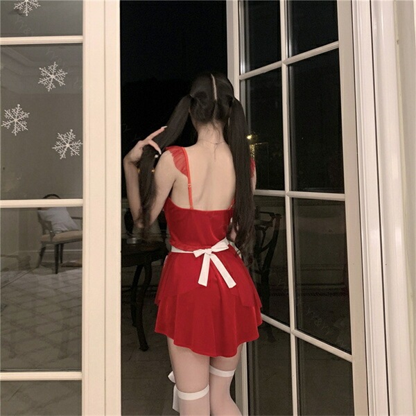 ハロウィン クリスマス コスチューム セクシーランジェリー 可愛い ベビードール セクシー コスチューム サンタ  コスプレ セクシーランジェリー  セクシー コスプレ 可愛い レース メイド チョーカー ミニ丈 フレア 赤 パール[w1454]