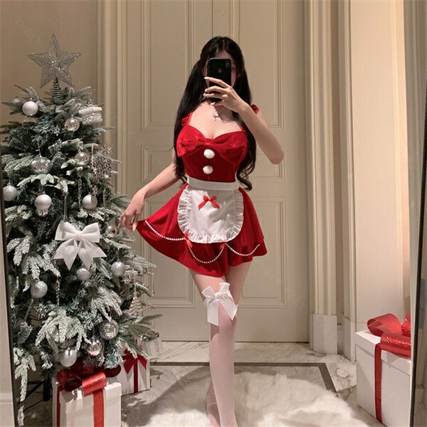 ハロウィン クリスマス コスチューム セクシーランジェリー 可愛い ベビードール セクシー コスチューム サンタ  コスプレ セクシーランジェリー  セクシー コスプレ 可愛い レース メイド チョーカー ミニ丈 フレア 赤 パール[w1454]