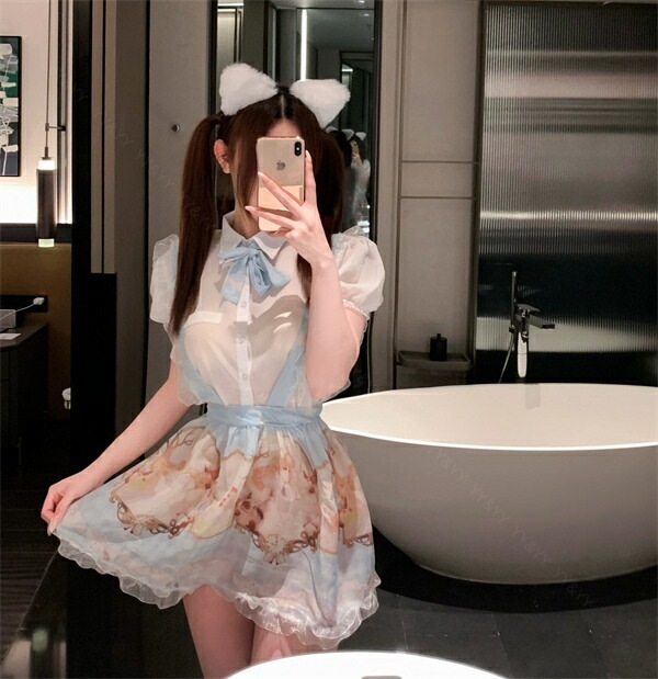 コスプレ メイド エプロン アリス セクシーランジェリー 超過激 メイド服 スカート 半袖 フリル コスチューム ネクタイ ミニスカ リボン キュート ブルー 水色 柄入りスカート 下着 レディース ランジェリー 快適 レース 豪華 ゆったり