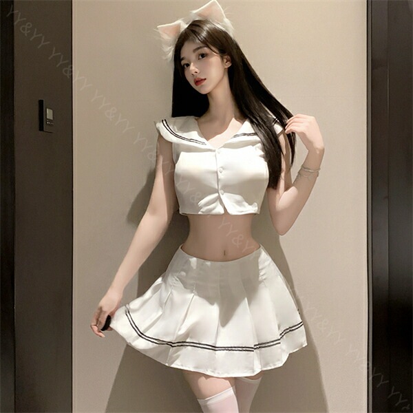  セクシーランジェリー コスプレ 上下セット 2点セット セパレート セーラー服 セーラー襟  プリーツ　スカート ミニ  ホワイト レース Tバック 谷間 デイリー 日常 ルームウェア 下着 部屋着 可愛い 高級感 色気 撮影 イベント パーティ 上品 制服