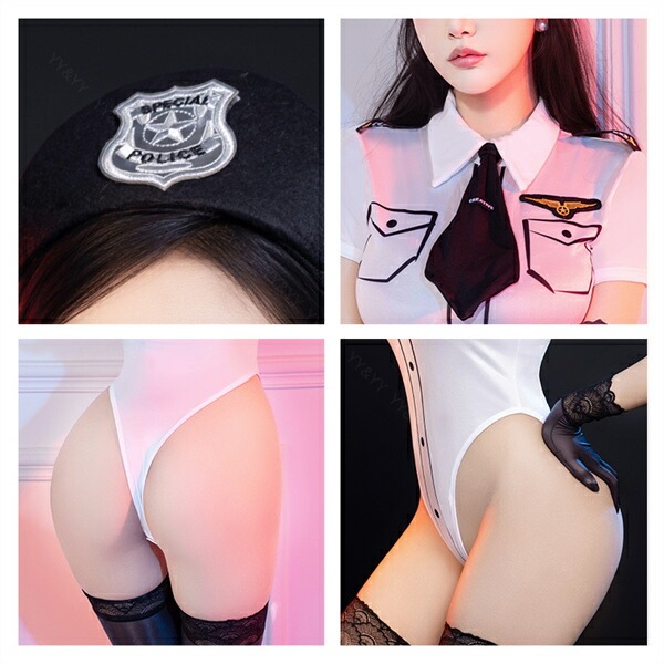 コスプレ ポリス 教官 セクシーランジェリー テディ ハイレグ 上下一体型 透け コスチューム スケスケ ネクタイ 半袖 ホック付き カチューシャ 帽子 超過激 ミニ丈 ショート ルームウェア ランジェリー 下着 インナー 上品 高級感 快適