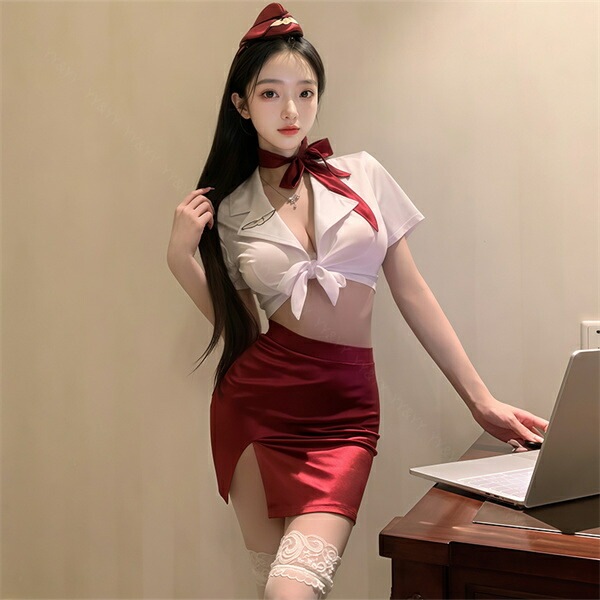 コスプレ 制服 キャビンアテンダント CA セクシーランジェリー ベビードール ミニスカート ミニスカ 開襟シャツ 襟付き リボンシャツ 透け スケスケ コスチューム 光沢 リボン 帽子 超過激 ミニ丈 スリット ランジェリー 下着 高級感