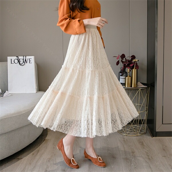 フレアスカート ミモレ丈 スカート プリーツ ワイド 韓国系 ウエストゴム ハイウエストスカート レディース デート服 大人可愛い シンプル 可愛いデイリー 春 夏 秋 大人 ロングスカート ゆったり M L XL 大きいサイズ アイボリー