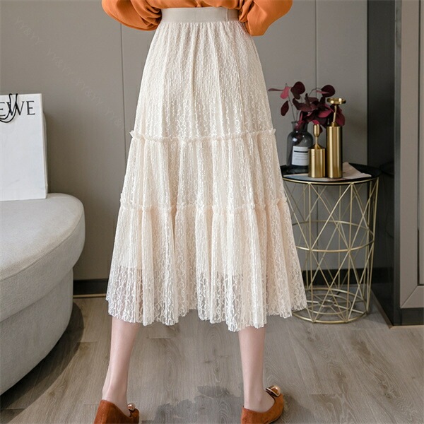 フレアスカート ミモレ丈 スカート プリーツ ワイド 韓国系 ウエストゴム ハイウエストスカート レディース デート服 大人可愛い シンプル 可愛いデイリー 春 夏 秋 大人 ロングスカート ゆったり M L XL 大きいサイズ アイボリー