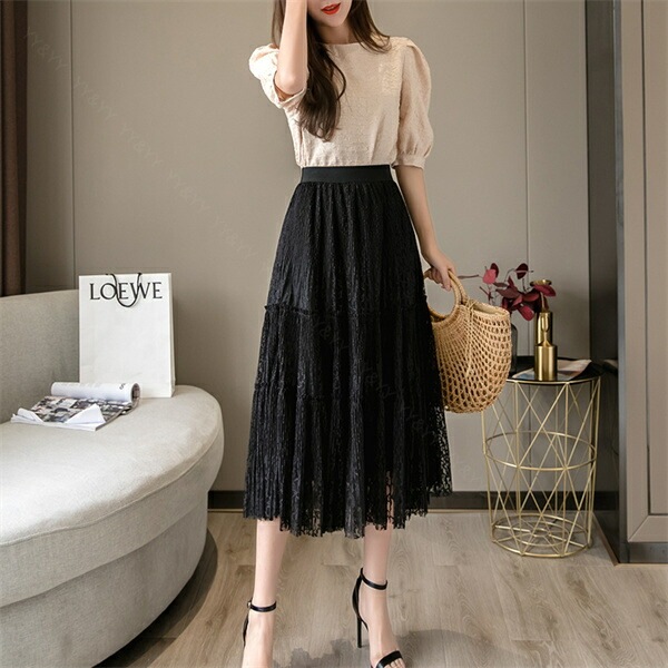 フレアスカート ミモレ丈 スカート プリーツ ワイド 韓国系 ウエストゴム ハイウエストスカート レディース デート服 大人可愛い シンプル 可愛いデイリー 春 夏 秋 大人 ロングスカート ゆったり M L XL 大きいサイズ アイボリー