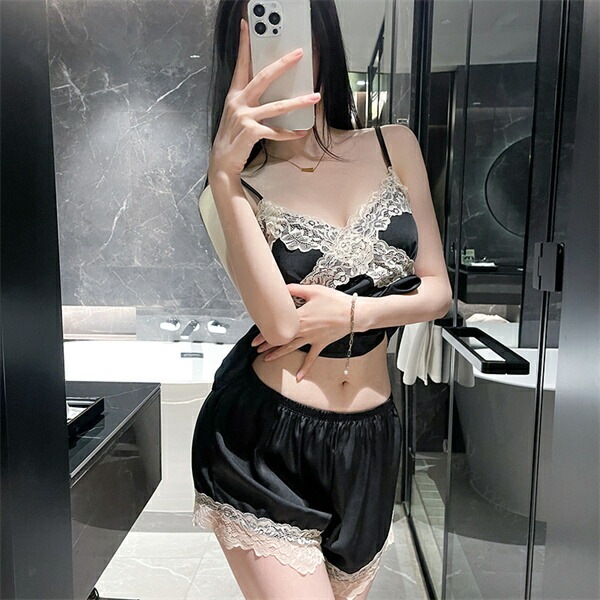 セクシーランジェリー  大きいサイズ 短パン 寝巻 ルームウェア レース ランジェリーセット サテン風  可愛い  ベビードール セクシー ワンピース  セクシー ランジェリー ミニ丈 パンツ  キャミソール大人  ルームウエア  下着  ランジェリー[w1413]