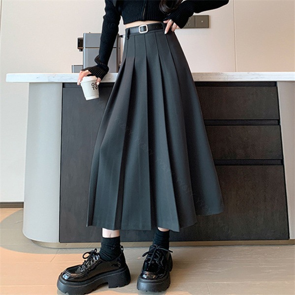 プリーツスカート  ロングスカート ベルト付き  ワイド ベルトループ ベルト通し 韓国系  ハイウエストスカート  レディース デート服  大人可愛い シンプル 可愛いデイリー  春 夏 秋   大人   ゆったり M L XL 大きいサイズ 美脚[fs29]