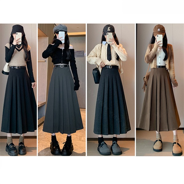プリーツスカート  ロングスカート ベルト付き  ワイド ベルトループ ベルト通し 韓国系  ハイウエストスカート  レディース デート服  大人可愛い シンプル 可愛いデイリー  春 夏 秋   大人   ゆったり M L XL 大きいサイズ 美脚[fs29]